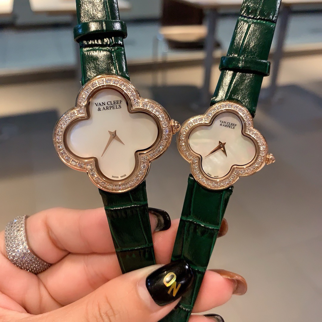 Van Cleef & Arpels Four Leaf Clover Women Watch, Mother Of Pearl Dial Leather Band Fashion Watch