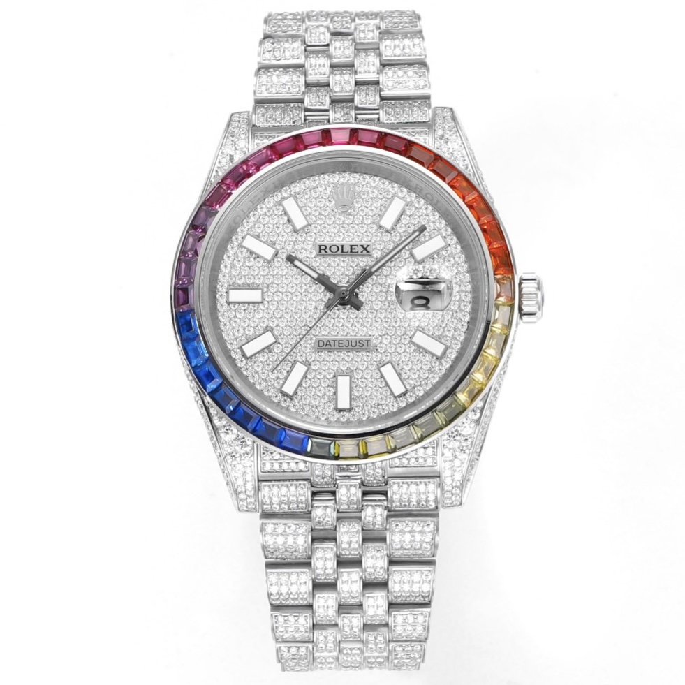 MS Factory Datejust 41mm Full‑Paved Diamond Watch 904L Steel 3235 Automatic Movement Rainbow Bezel
