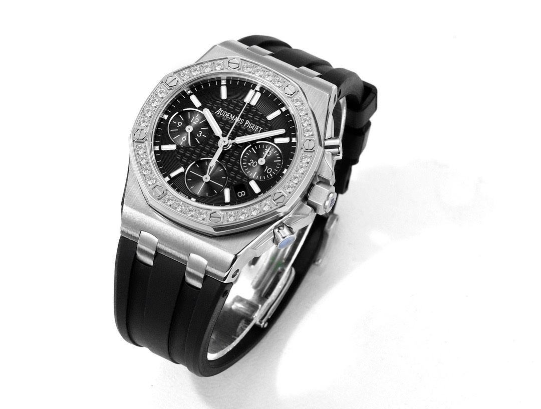 Audemars Piguet Royal Oak 37mm Ladies Automatic Chronograph Watch, Diamond Bezel Rubber Strap