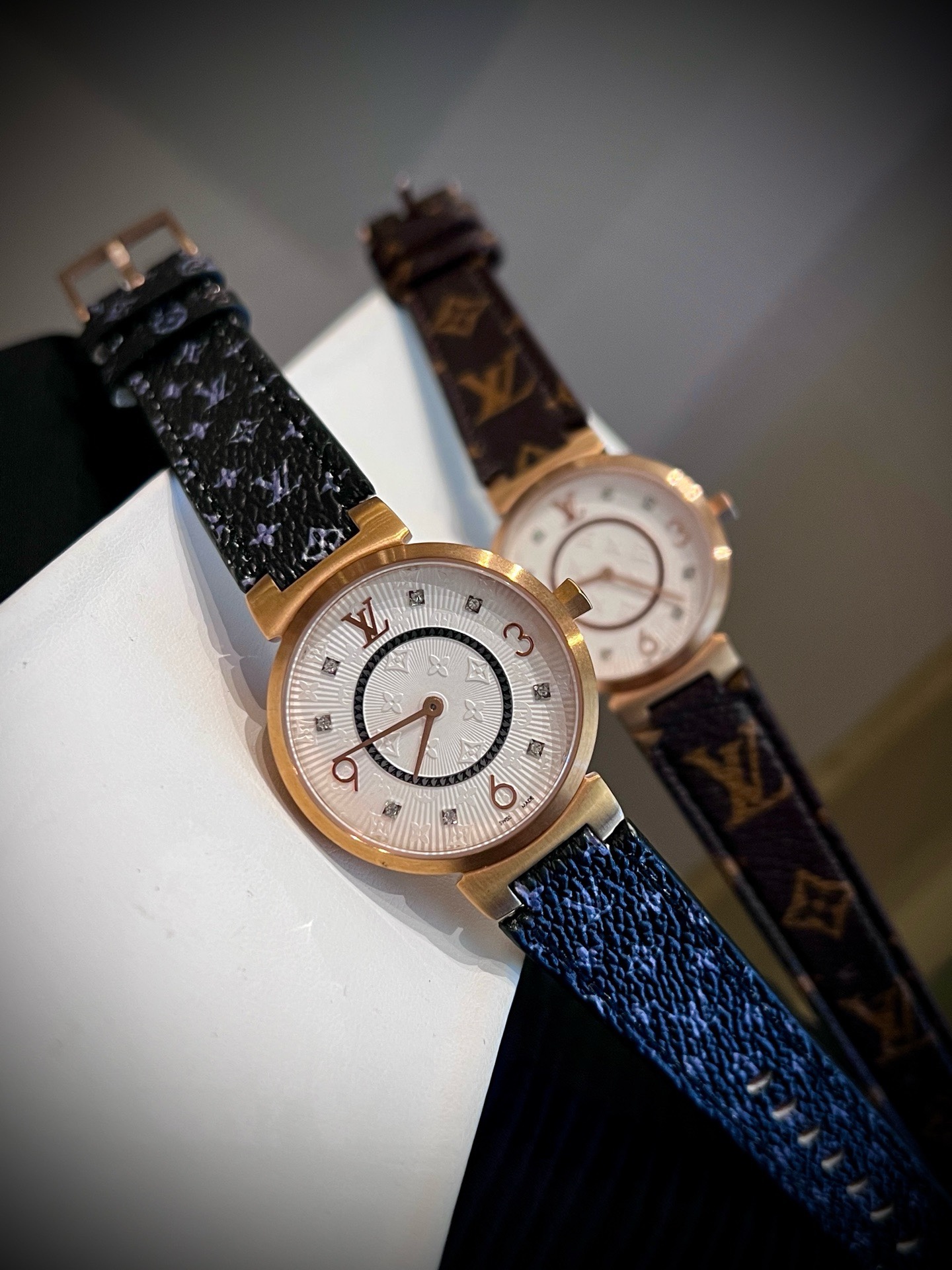 Louis Vuitton Tambour Slim 34mm Women Watch, Inlaid Crystal Dial Quick Release Leather Band