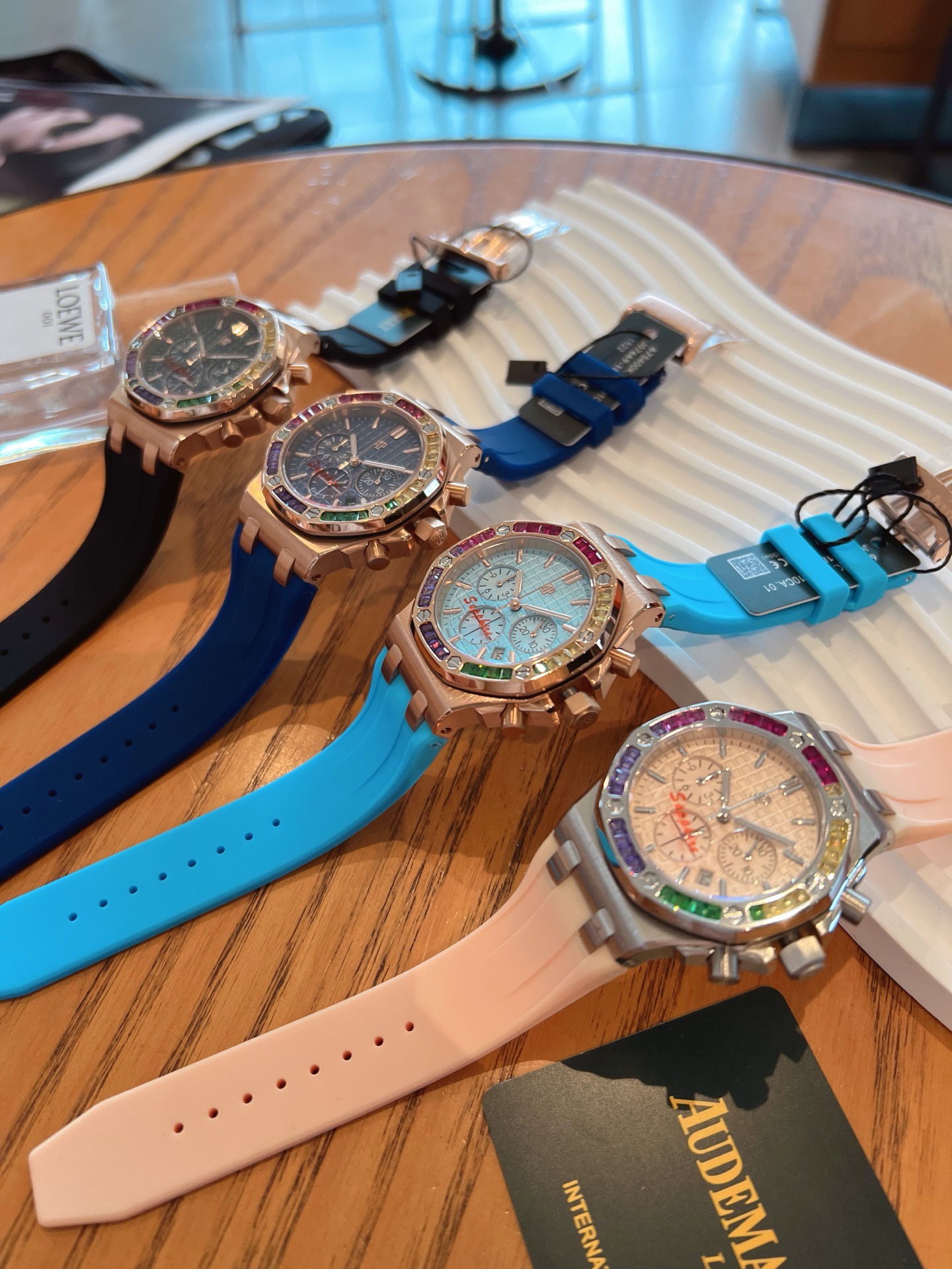 Audemars Piguet Royal Oak Offshore Ladies Watch 37mm, Rainbow Gemstone Bezel Rubber Strap Wristwatch