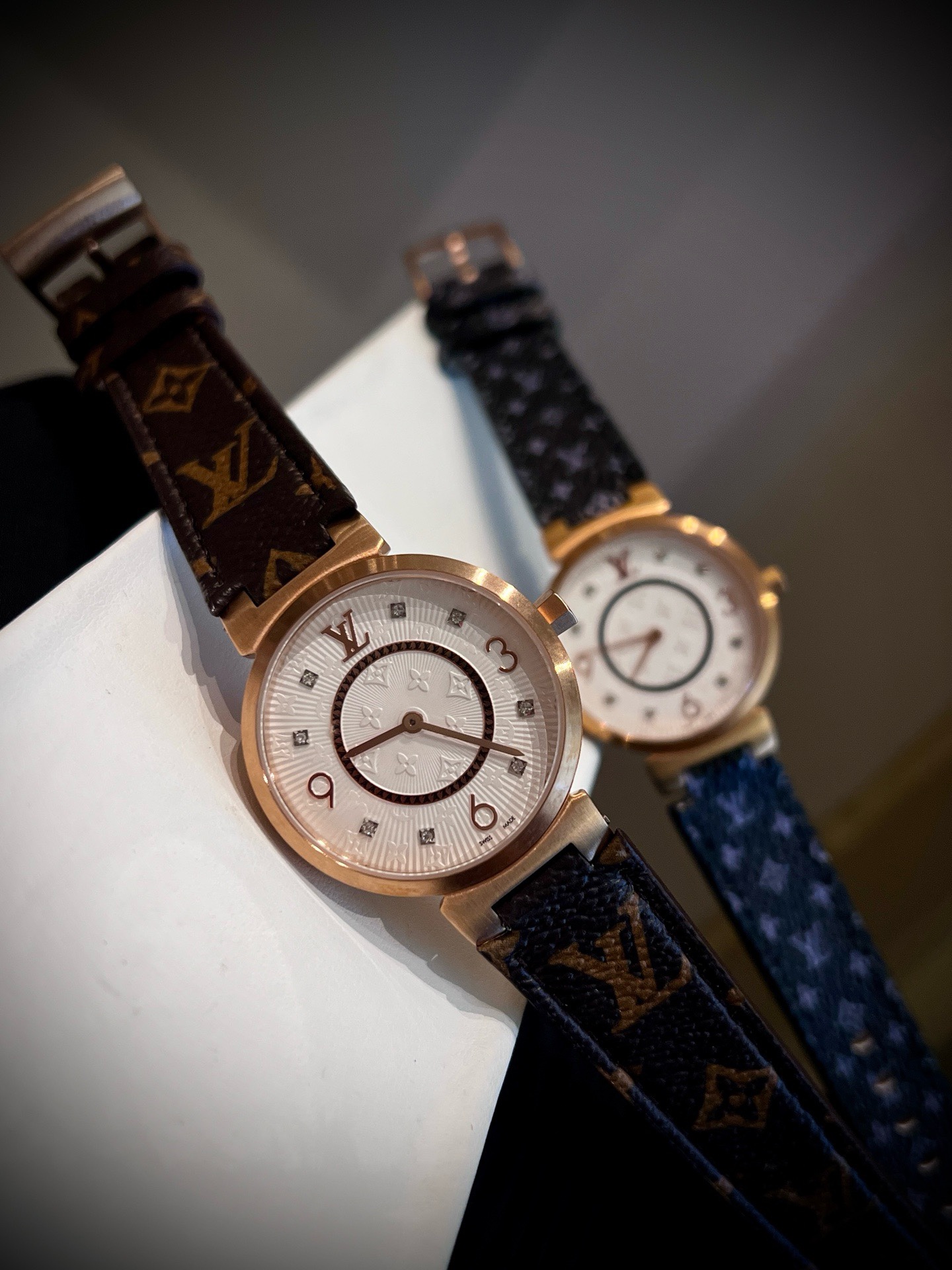 Louis Vuitton Tambour Slim 34mm Women Watch, Inlaid Crystal Dial Quick Release Leather Band