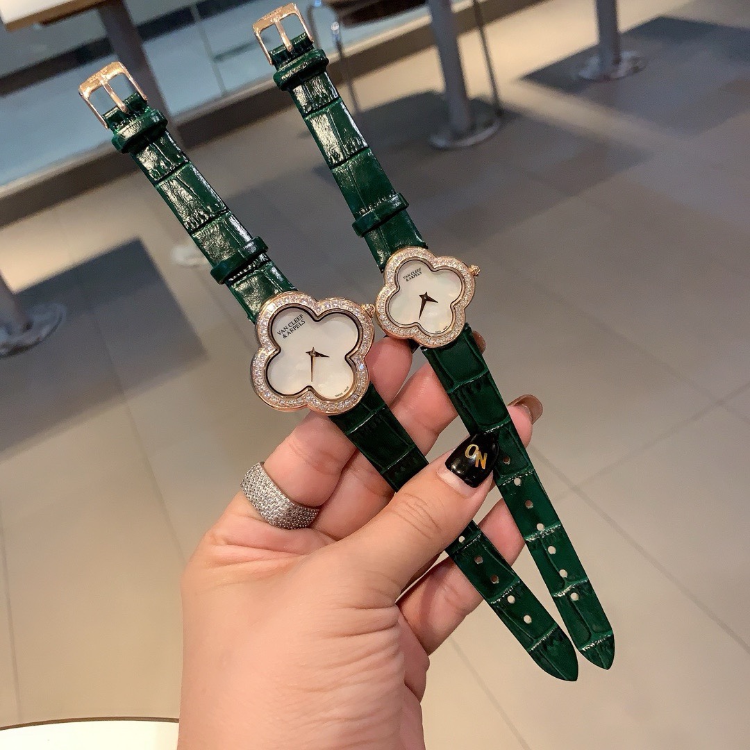 Van Cleef & Arpels Four Leaf Clover Women Watch, Mother Of Pearl Dial Leather Band Fashion Watch