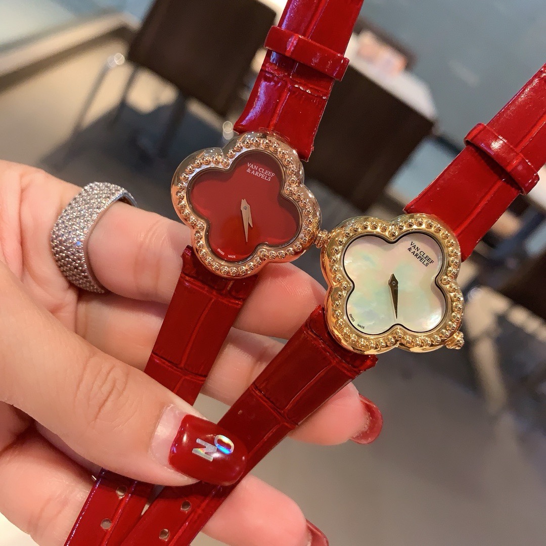 Van Cleef & Arpels Four Leaf Clover Women Watch, Mother Of Pearl Dial Leather Band Fashion Watch