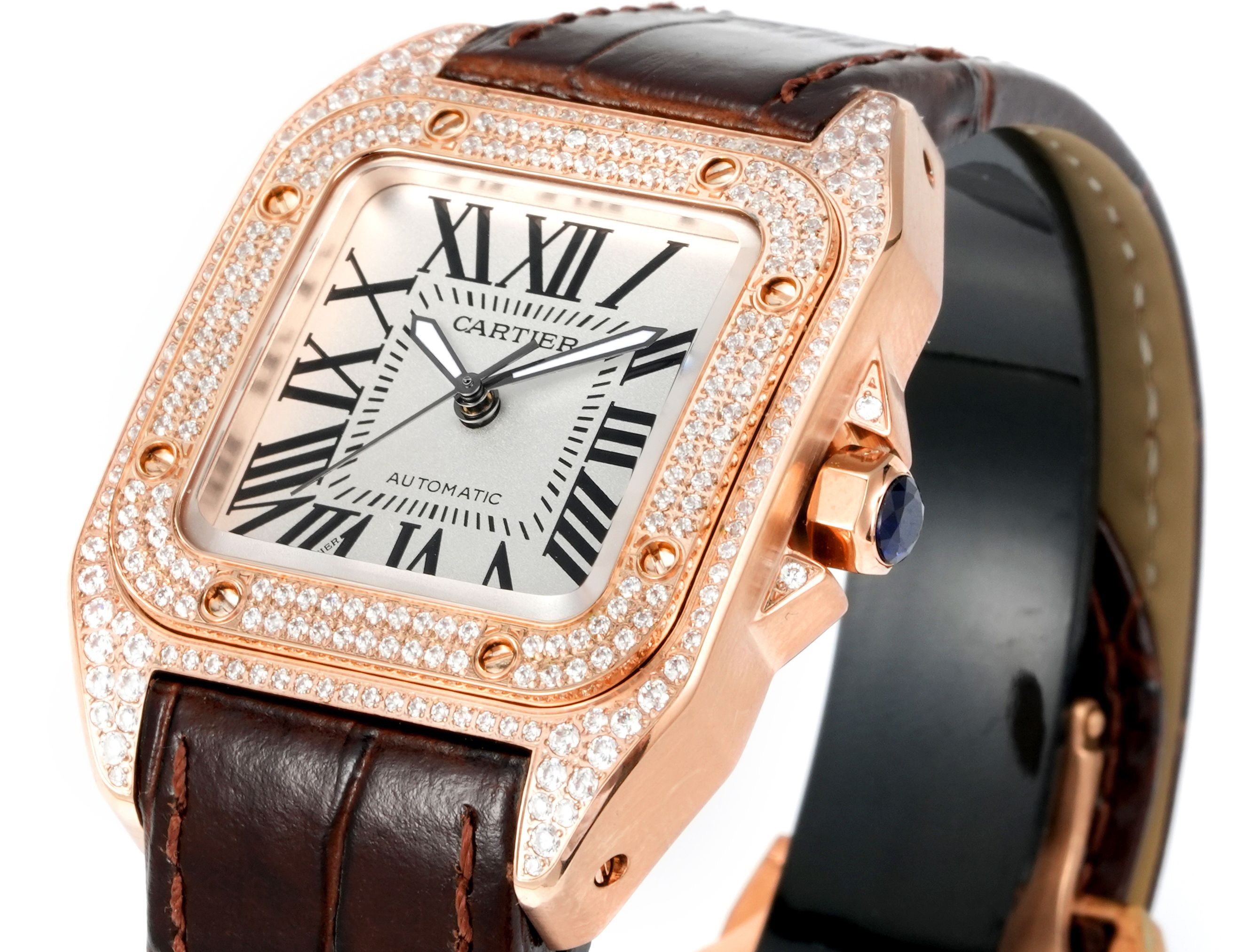 Cartier Santos 100th Anniversary Ladies Watch, Full Paved Diamond Bezel, 35.6mm