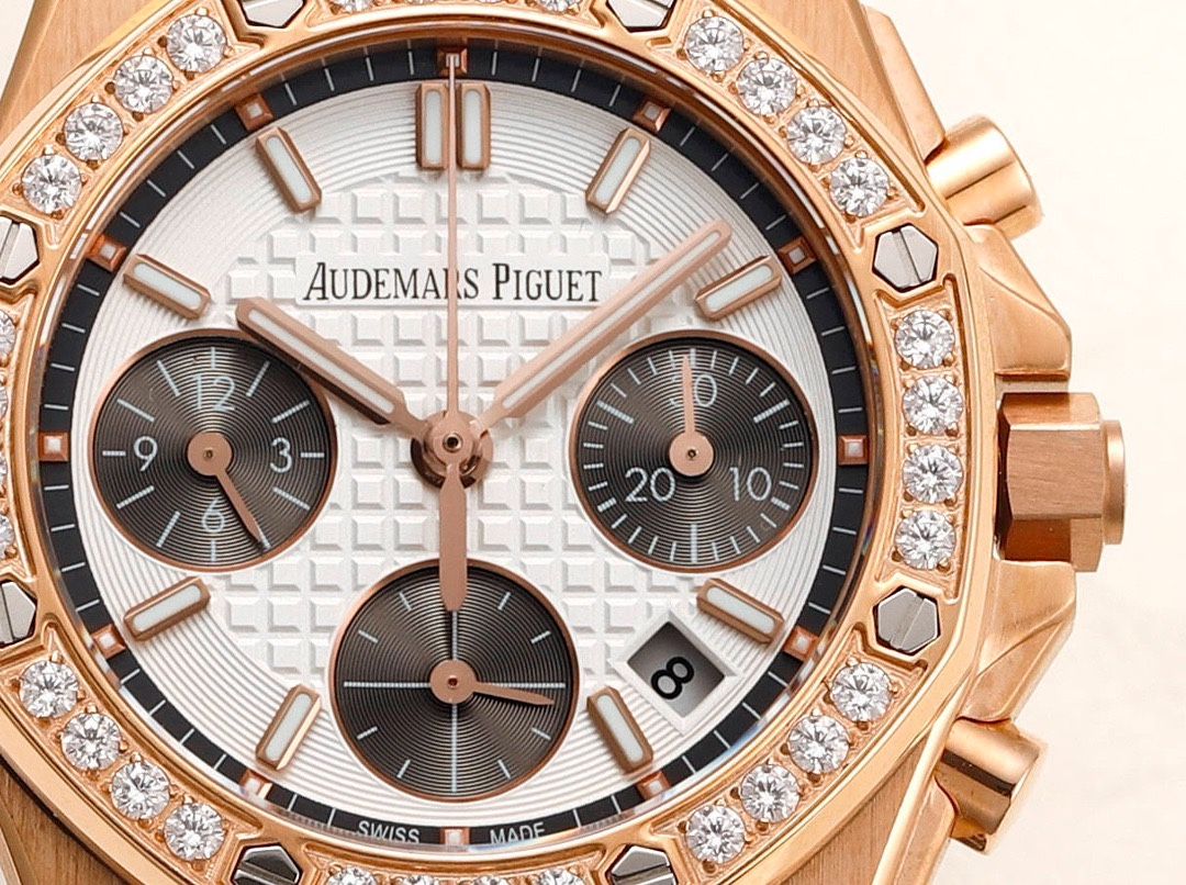 Audemars Piguet Royal Oak 37mm Ladies Automatic Chronograph Watch, Diamond Bezel Rubber Strap