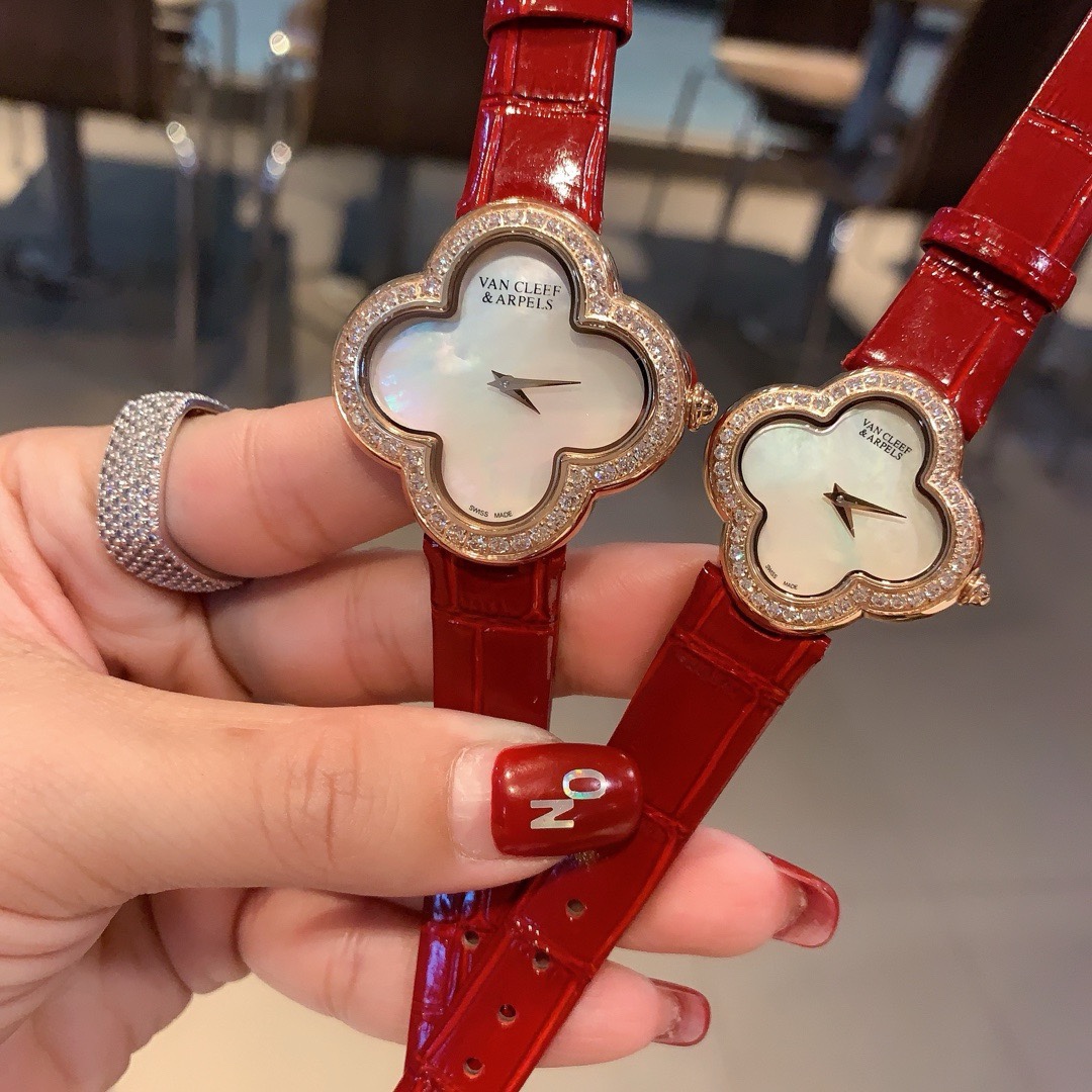 Van Cleef & Arpels Four Leaf Clover Women Watch, Mother Of Pearl Dial Leather Band Fashion Watch
