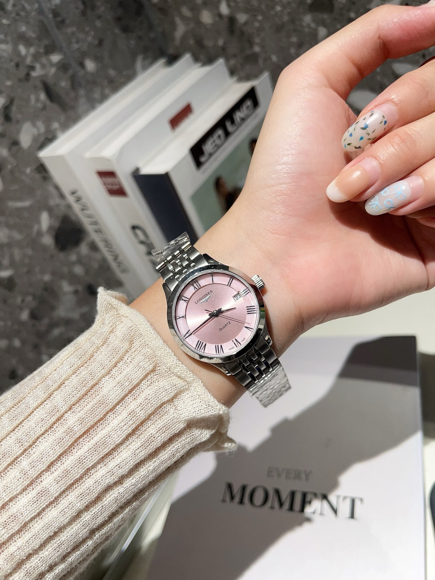 Longines 32mm Women Watch, Crystal Bezel Sapphire Glass Steel Band Dress Watch