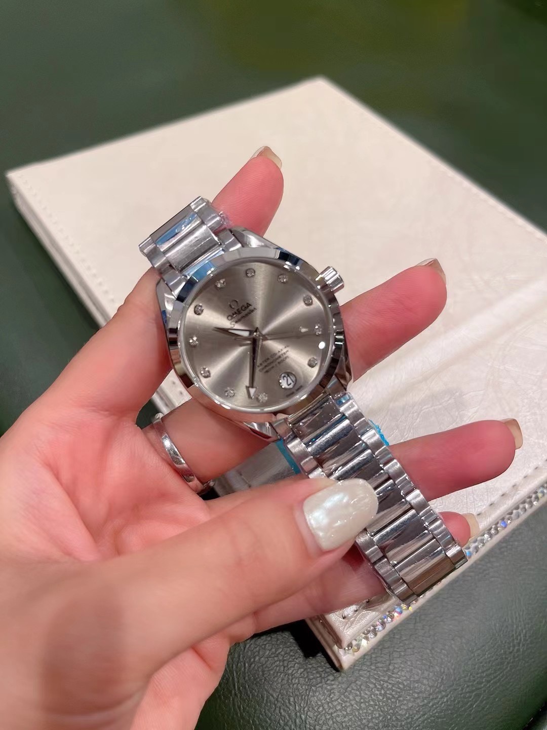 Omega Seamaster Ladies Watch 34mm Quartz Movement Diamond Dial Stainless Steel Women Wristwatch