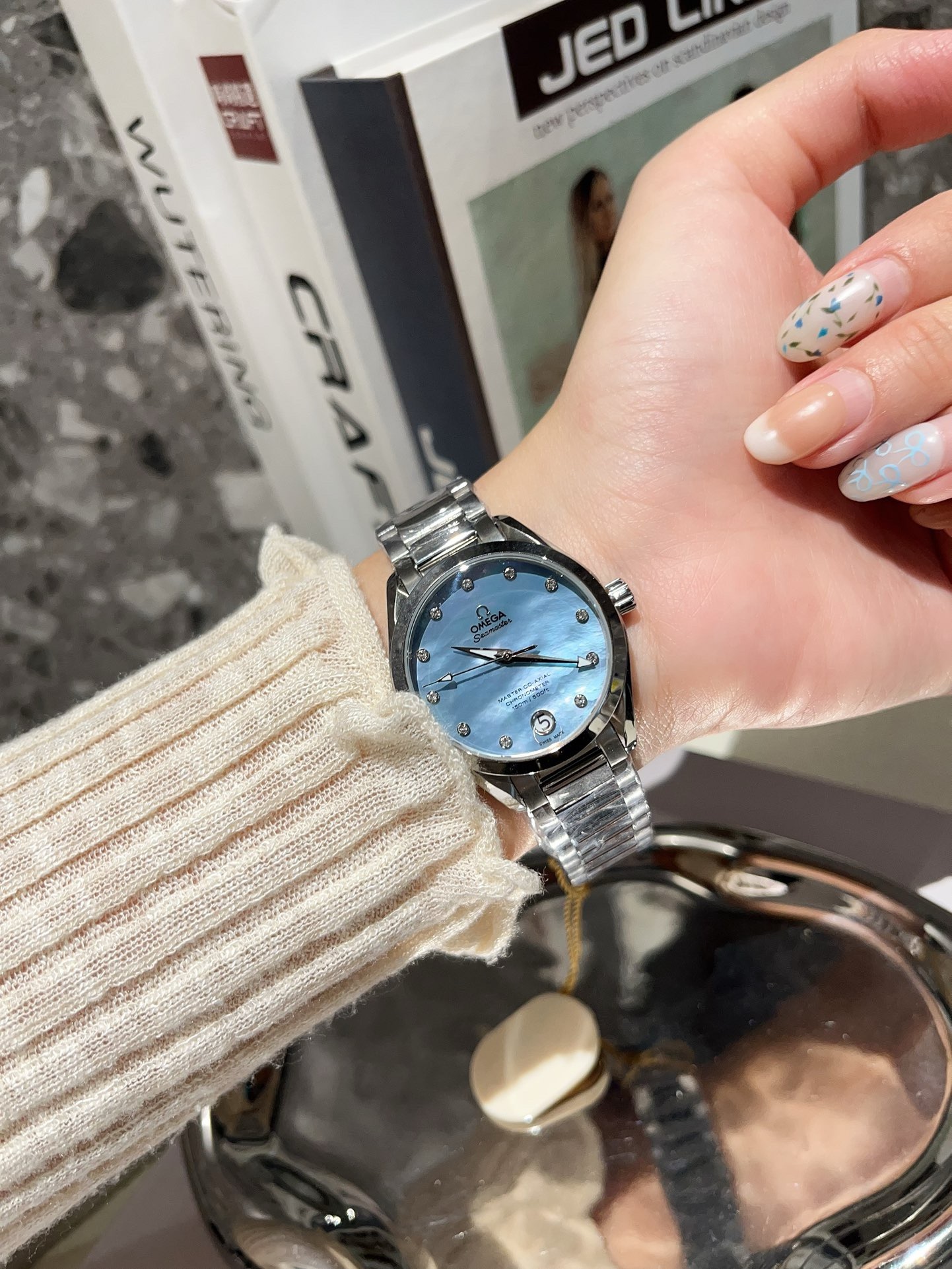 Omega Seamaster Ladies Watch 34mm Quartz MOP Mother Of Pearl Dial Diamond Markers Stainless Steel Women Wristwatch
