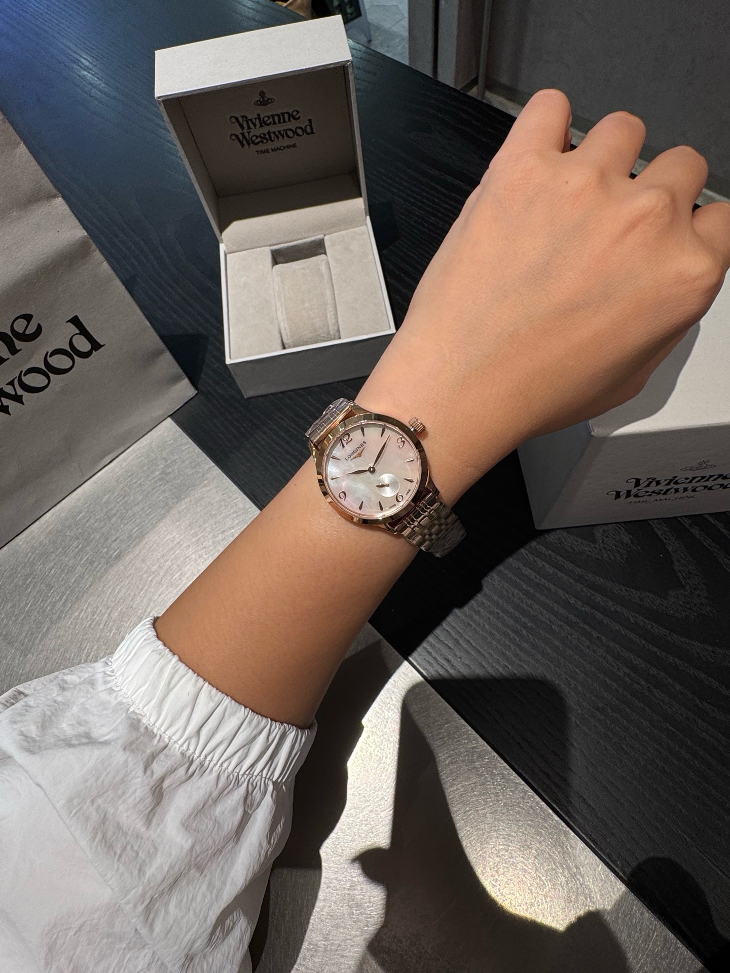 Longines 32mm Women Watch, Crystal Inlaid Dial Sapphire Glass Leather Band Dress Watch
