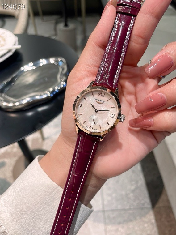 Longines 32mm Women Watch, Crystal Inlaid Dial Sapphire Glass Leather Band Dress Watch

