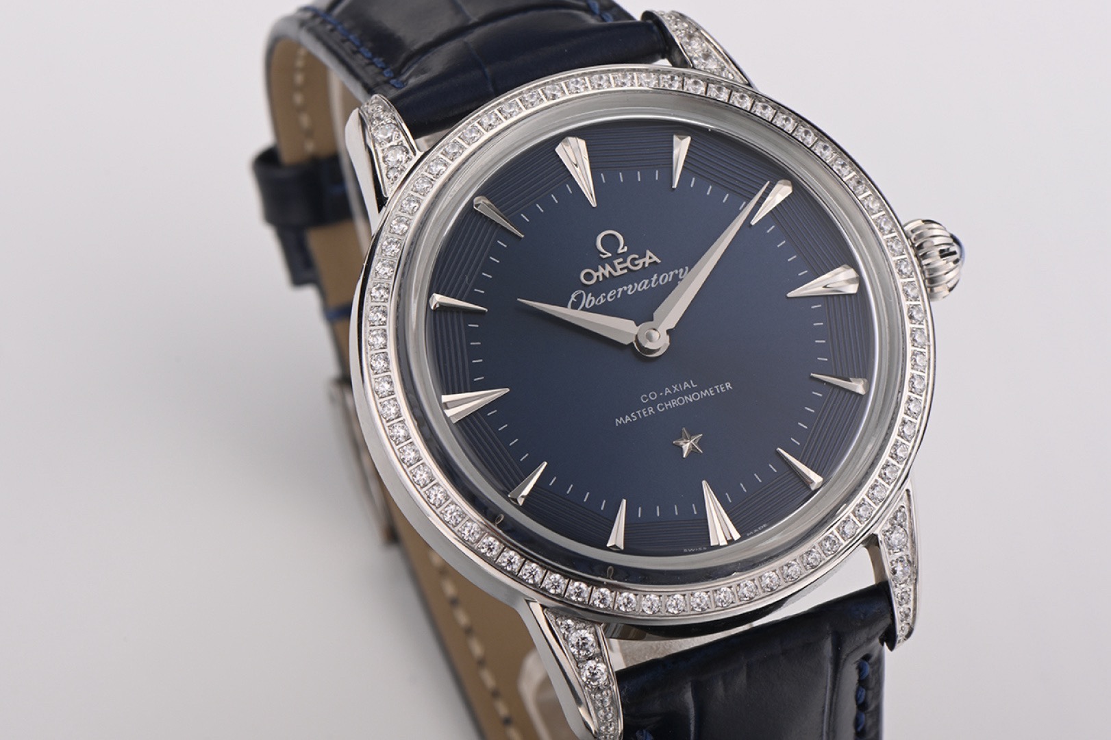 OMEGA Observatory Co‑Axial Master Chronometer Watch | Diamond Bezel, Genuine Leather Strap