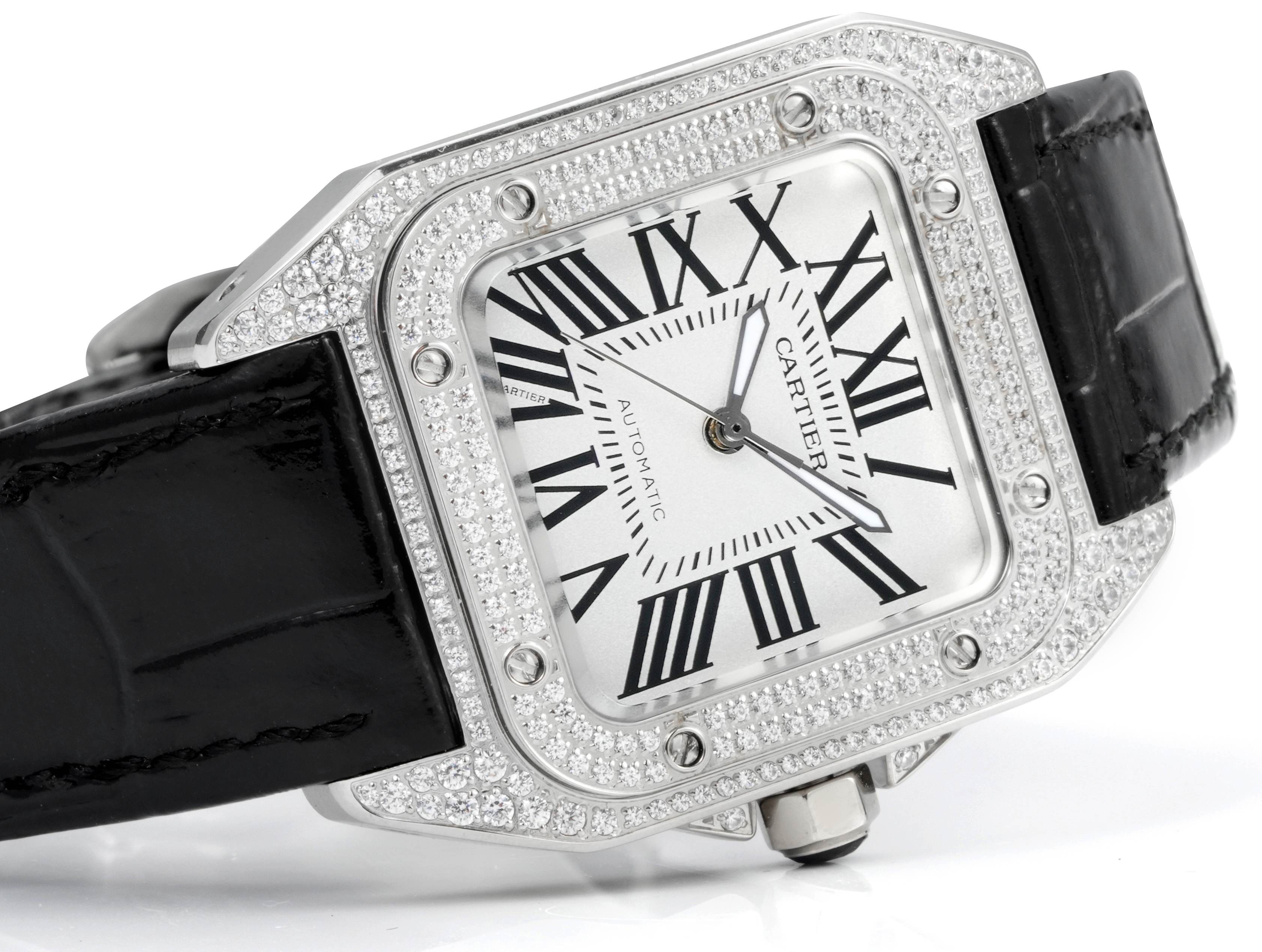 Cartier Santos 100th Anniversary Ladies Watch, Full Paved Diamond Bezel, 35.6mm
