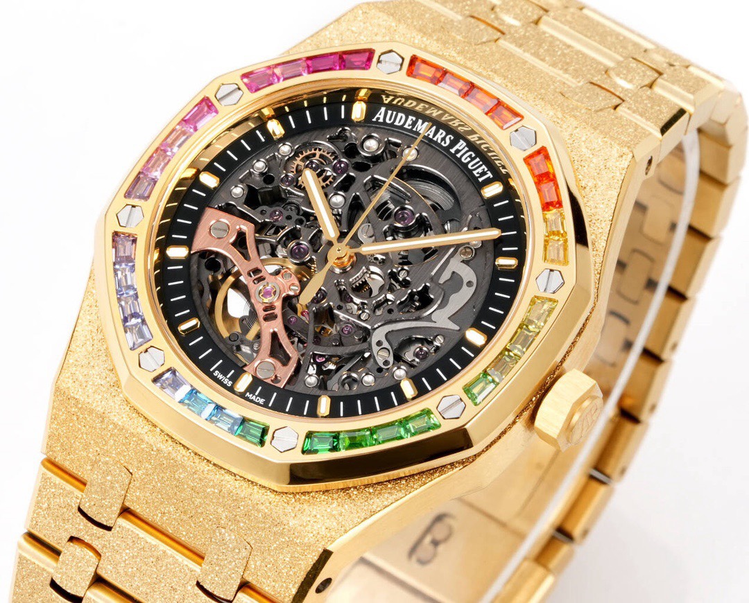 Audemars Piguet Royal Oak Skeleton Frosted Gold Rainbow Bezel AP2 Version