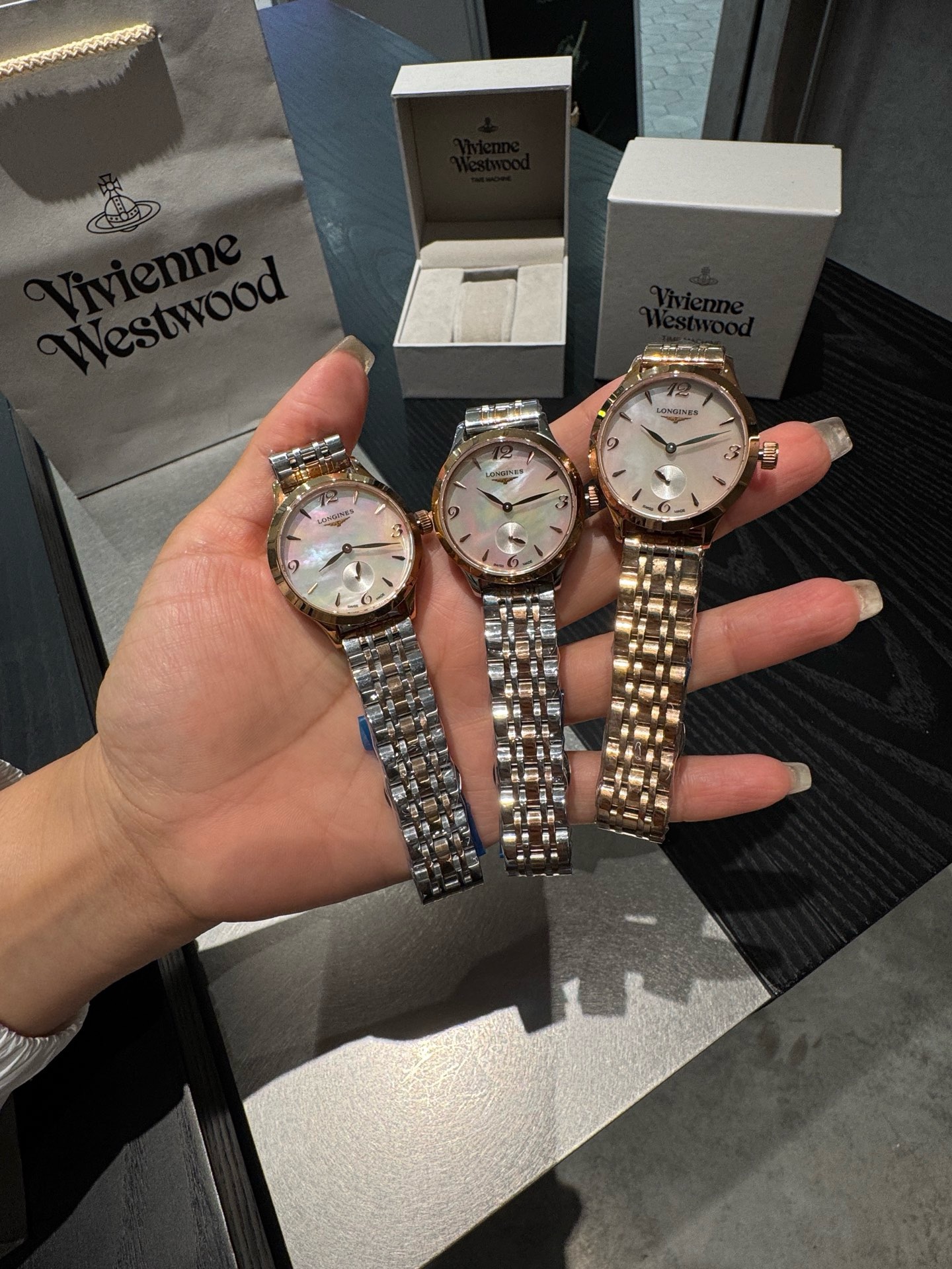 Longines 32mm Women Watch, Crystal Inlaid Dial Sapphire Glass Leather Band Dress Watch

