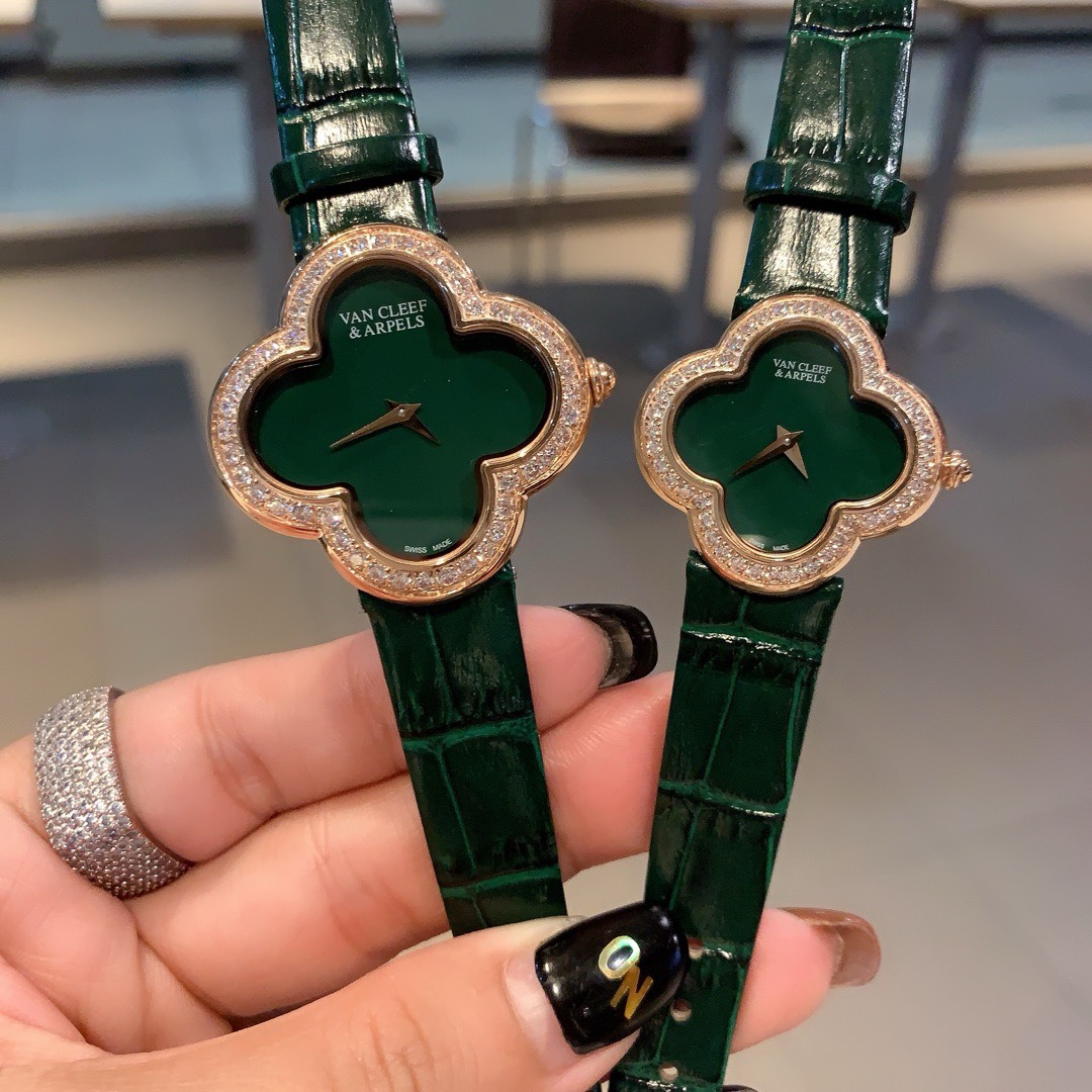 Van Cleef & Arpels Four Leaf Clover Women Watch, Mother Of Pearl Dial Leather Band Fashion Watch