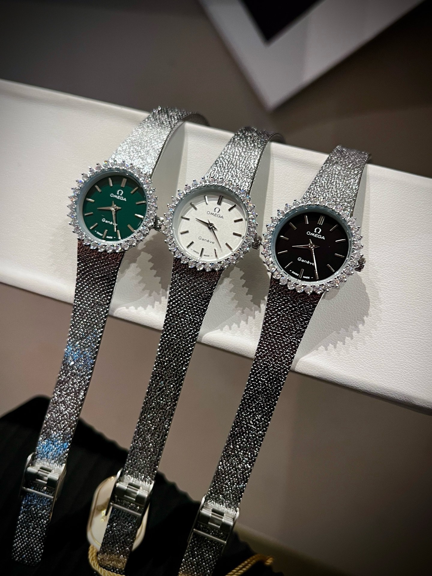 OMEGA Vintage Women Watch 26mm, Diamond Bezel Textured Leather Band Dress Watch