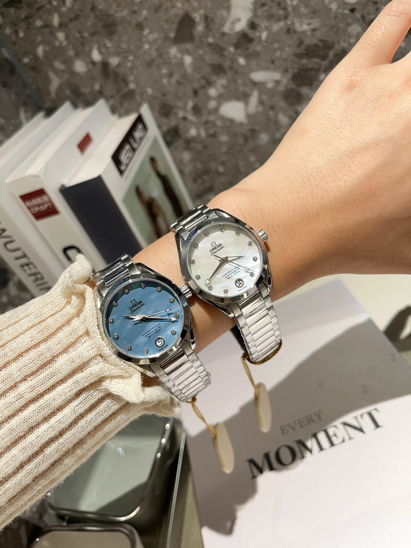 Omega Seamaster Ladies Watch 34mm Quartz MOP Mother Of Pearl Dial Diamond Markers Stainless Steel Women Wristwatch