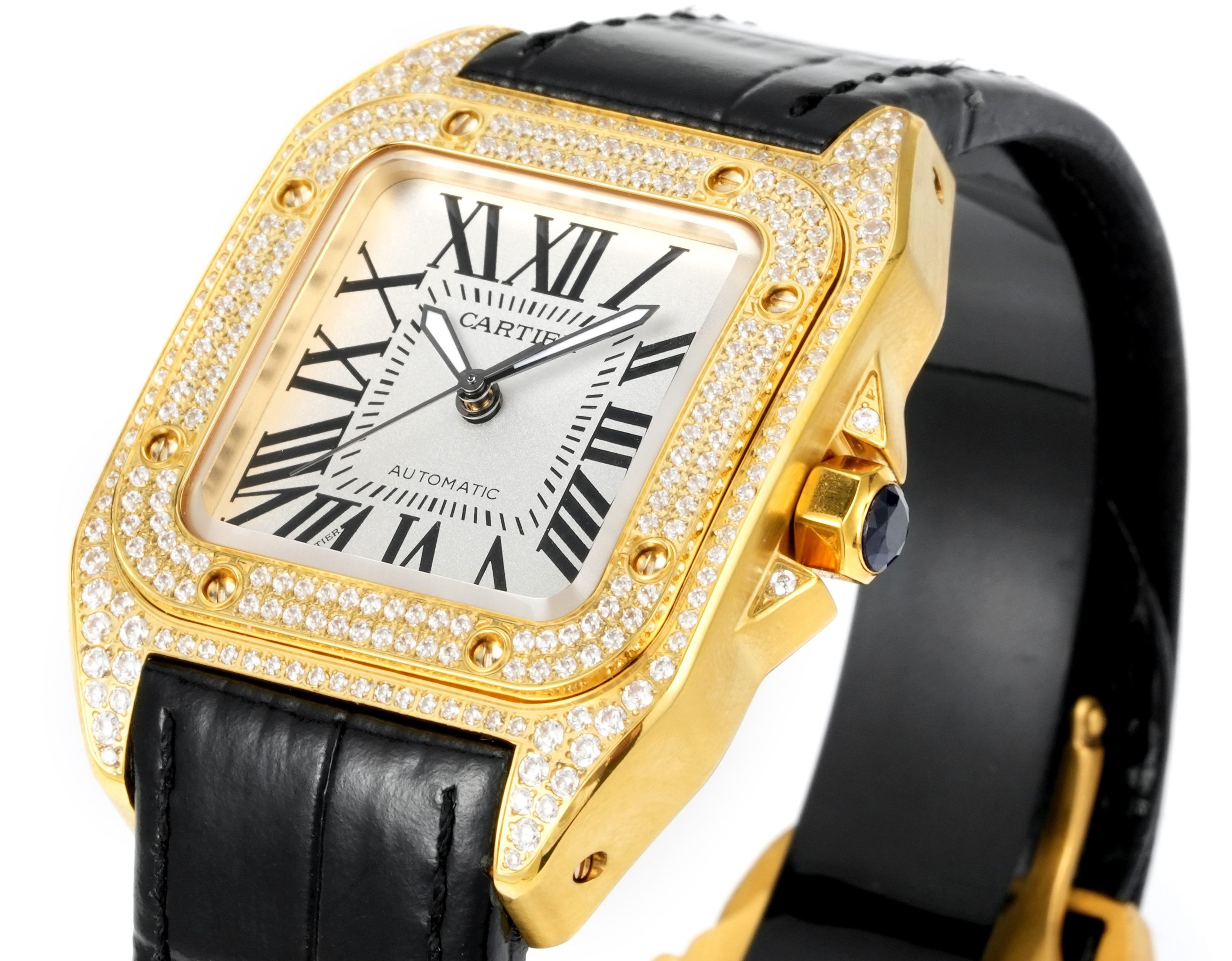 Cartier Santos 100th Anniversary Ladies Watch, Full Paved Diamond Bezel, 35.6mm