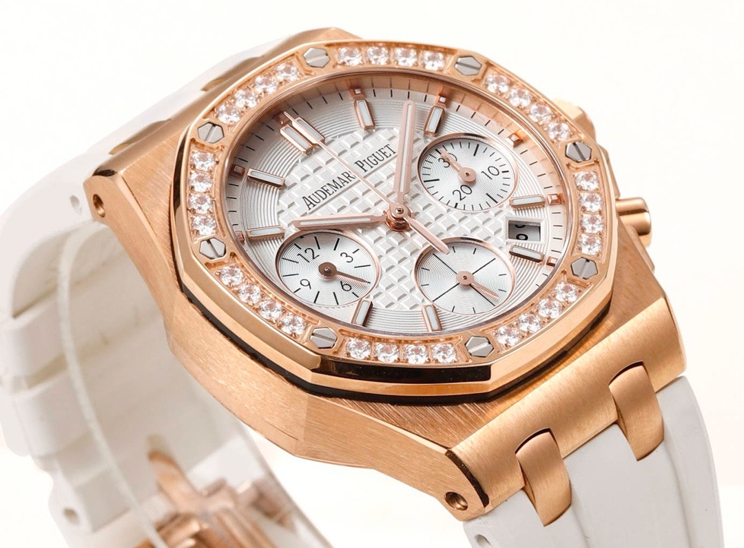 Audemars Piguet Royal Oak 37mm Ladies Automatic Chronograph Watch, Diamond Bezel Rubber Strap