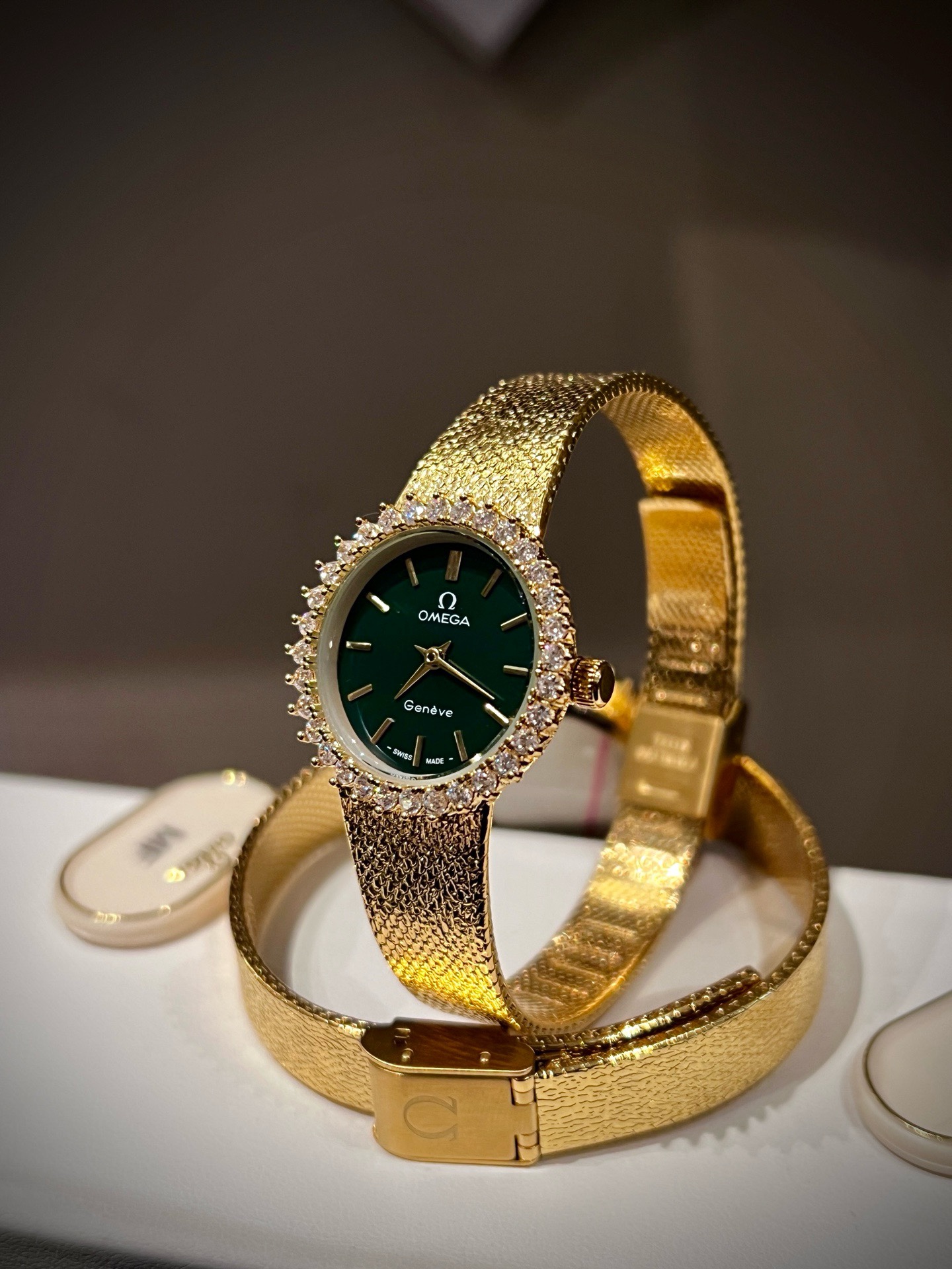 OMEGA Vintage Gold Tone Women Watch 26mm, Diamond Bezel Woven Band Jewelry Watch