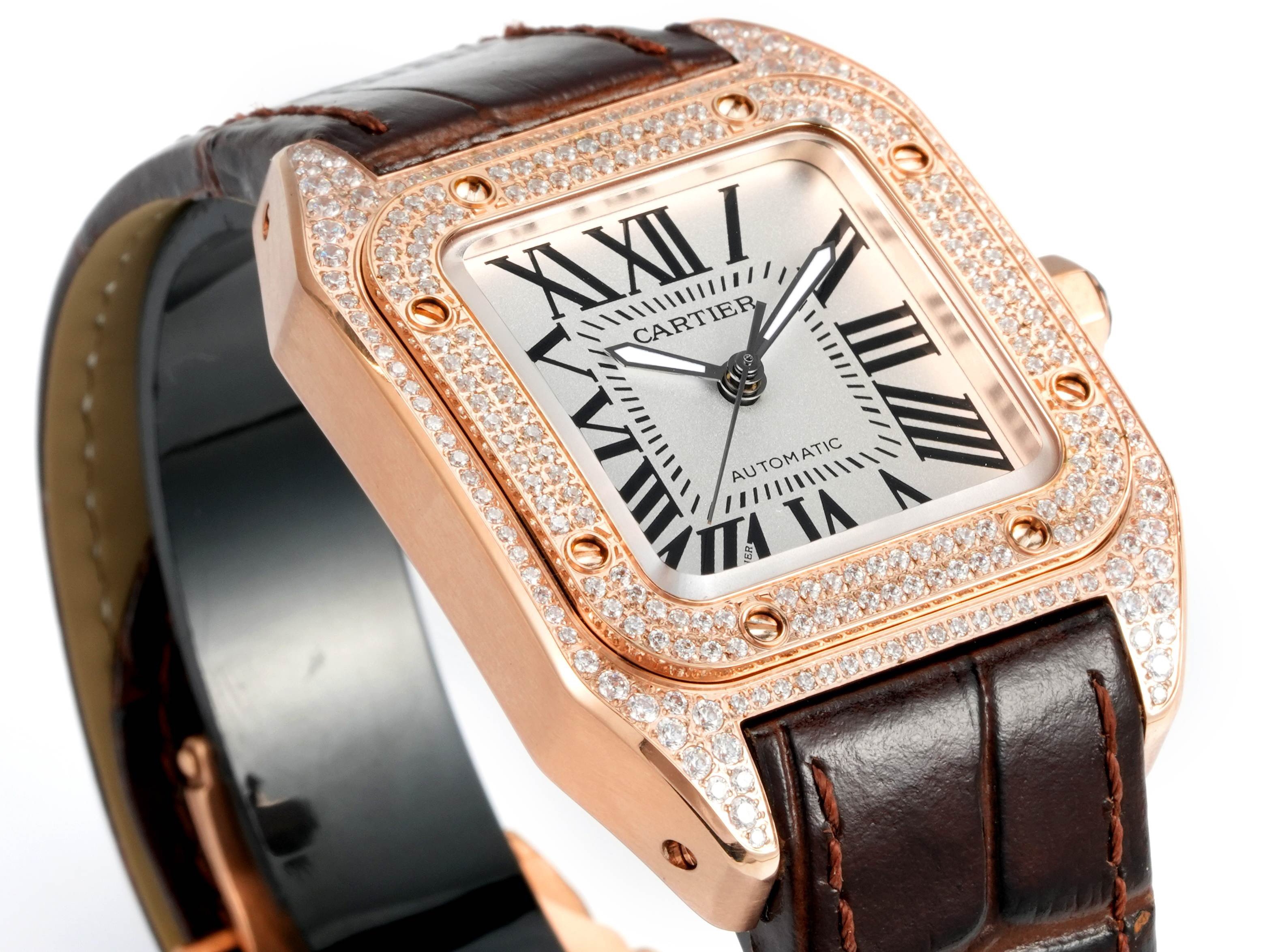 Cartier Santos 100th Anniversary Ladies Watch, Full Paved Diamond Bezel, 35.6mm