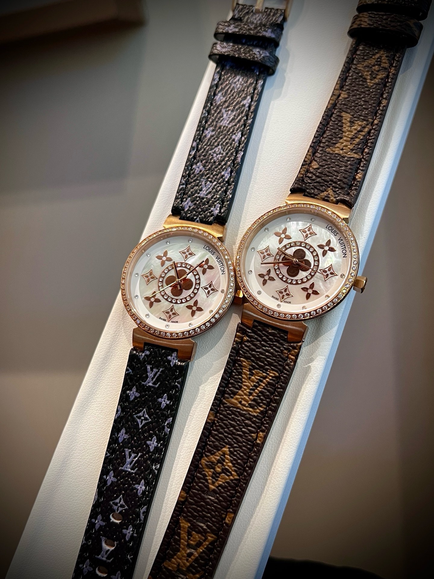 Louis Vuitton Tambour Slim 34mm Women Watch, Inlaid Crystal Dial Quick Release Leather Band