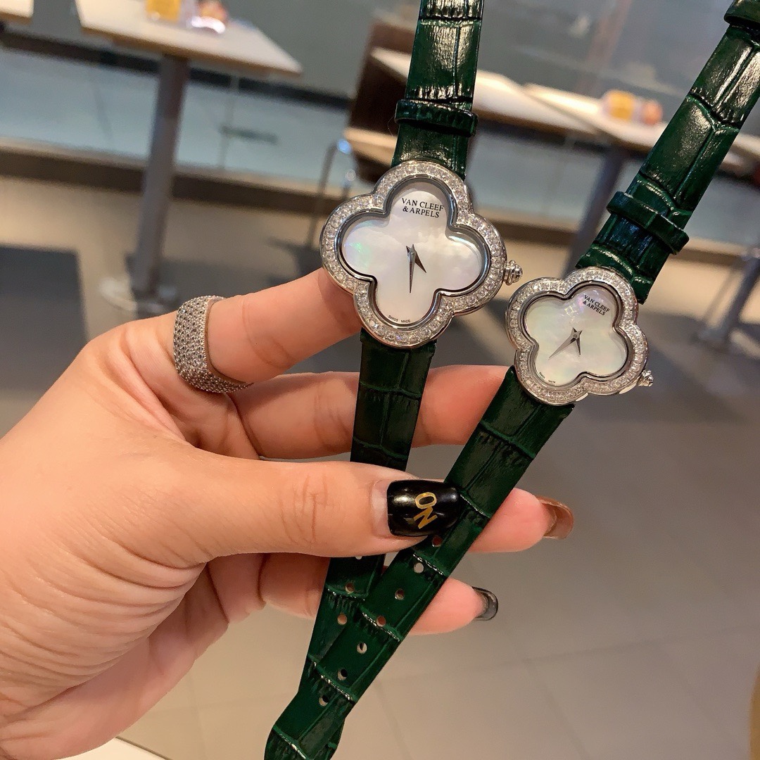 Van Cleef & Arpels Four Leaf Clover Women Watch, Mother Of Pearl Dial Leather Band Fashion Watch