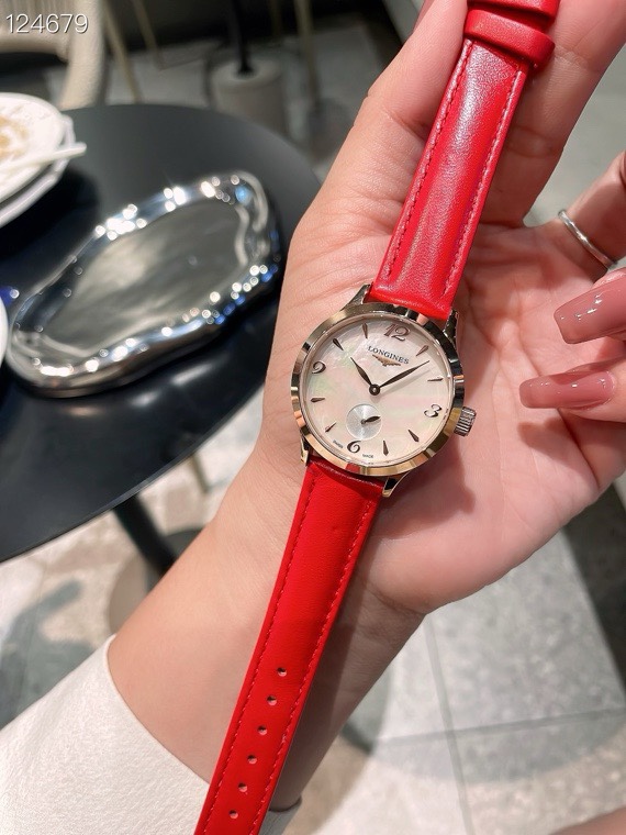 Longines 32mm Women Watch, Crystal Inlaid Dial Sapphire Glass Leather Band Dress Watch
