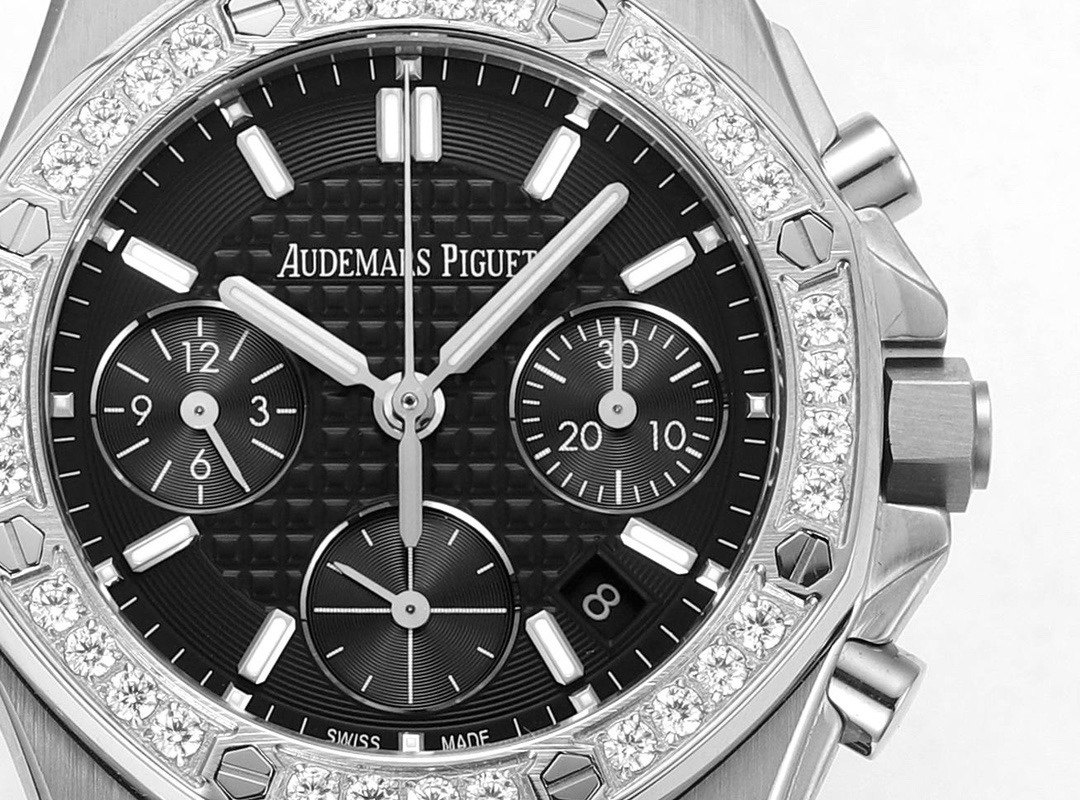 Audemars Piguet Royal Oak 37mm Ladies Automatic Chronograph Watch, Diamond Bezel Rubber Strap