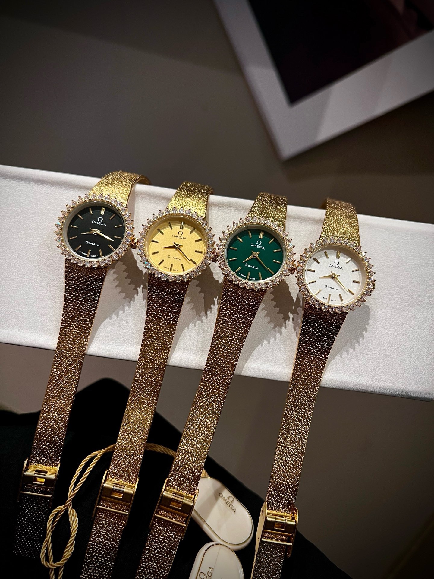 OMEGA Vintage Gold Tone Women Watch 26mm, Diamond Bezel Woven Band Jewelry Watch