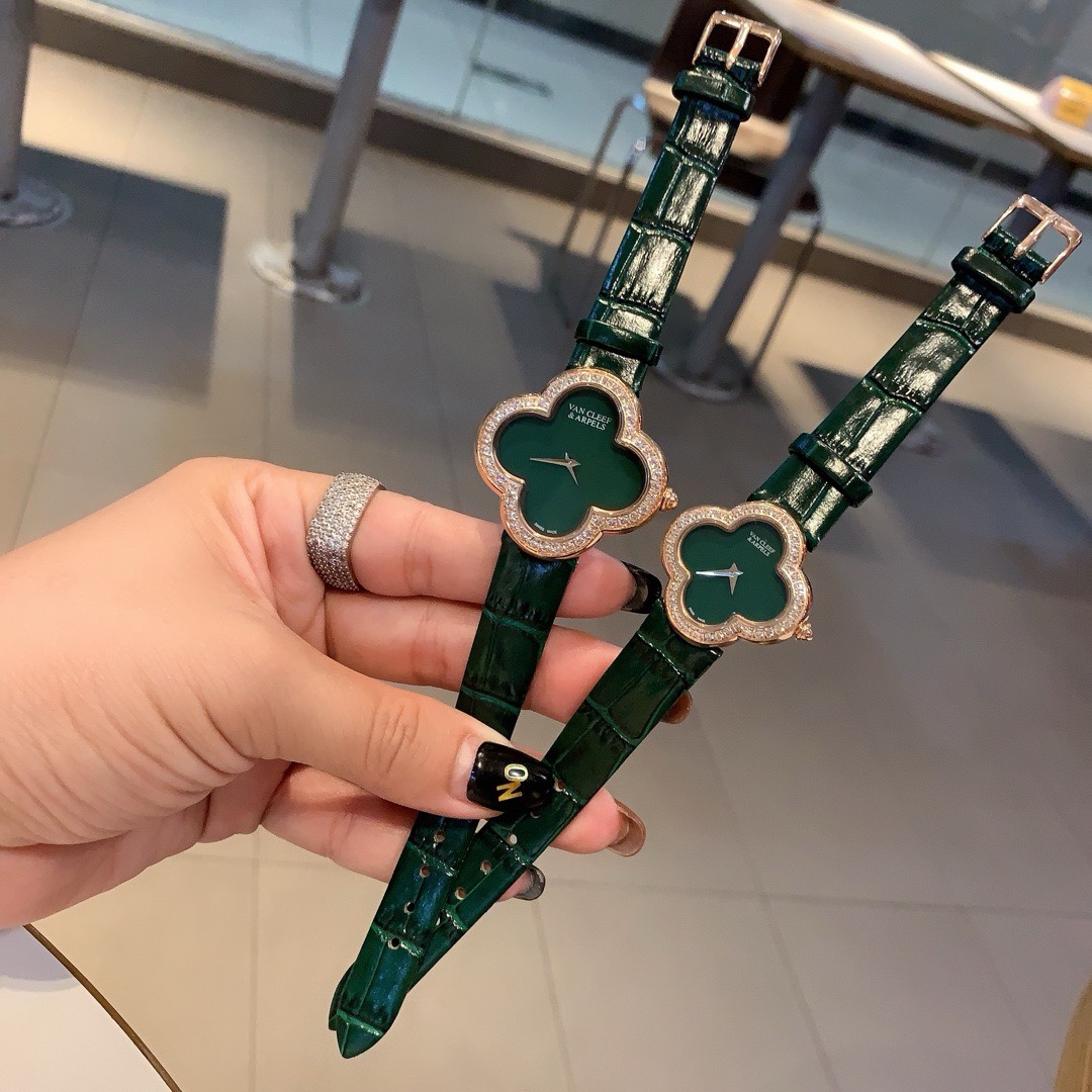 Van Cleef & Arpels Four Leaf Clover Women Watch, Mother Of Pearl Dial Leather Band Fashion Watch