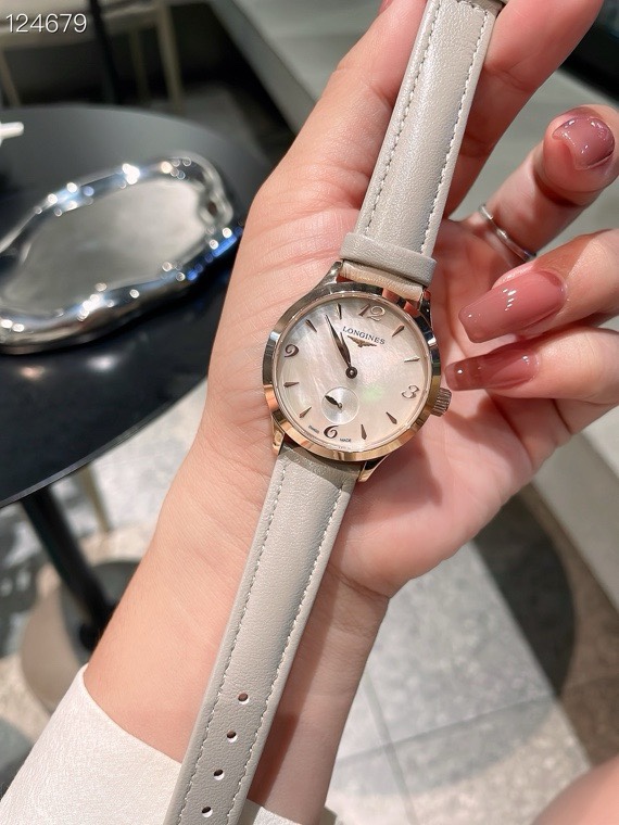Longines 32mm Women Watch, Crystal Inlaid Dial Sapphire Glass Leather Band Dress Watch
