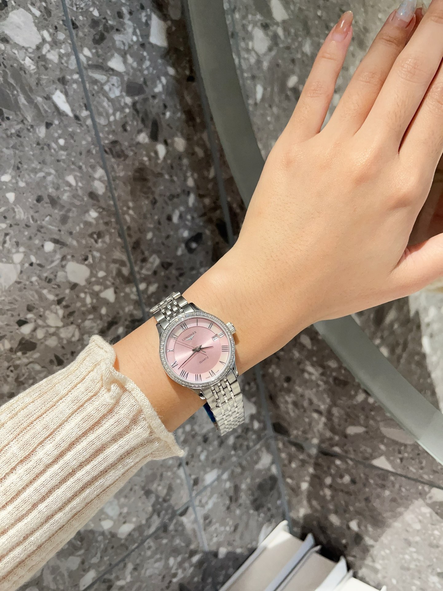 Longines 32mm Women Watch, Crystal Bezel Sapphire Glass Steel Band Dress Watch