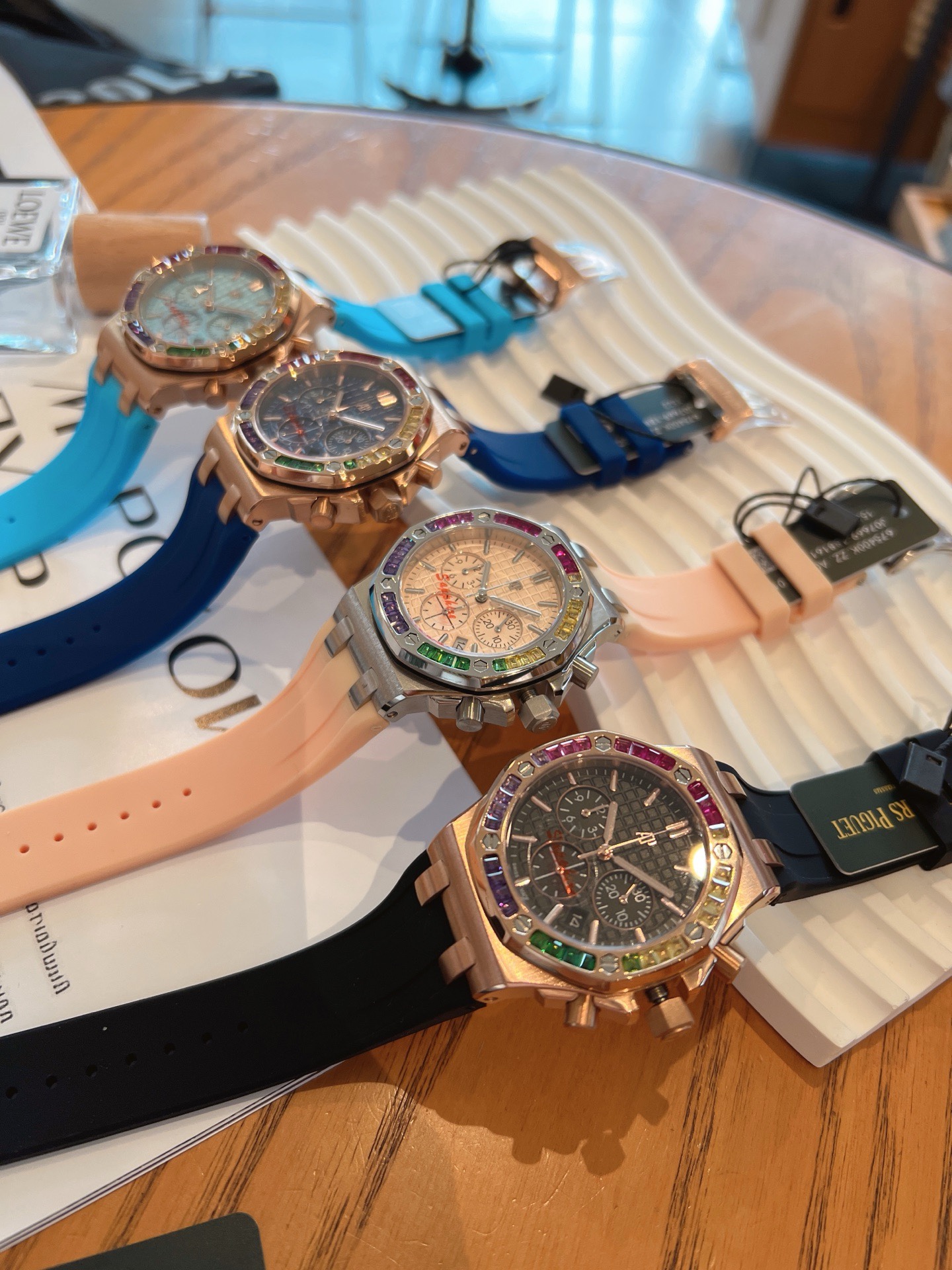 Audemars Piguet Royal Oak Offshore Ladies Watch 37mm, Rainbow Gemstone Bezel Rubber Strap Wristwatch