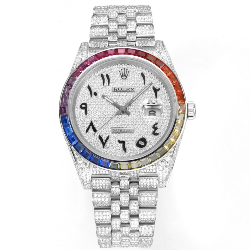 MS Factory Datejust 41mm Full‑Paved Diamond Watch 904L Steel 3235 Automatic Movement Rainbow Bezel