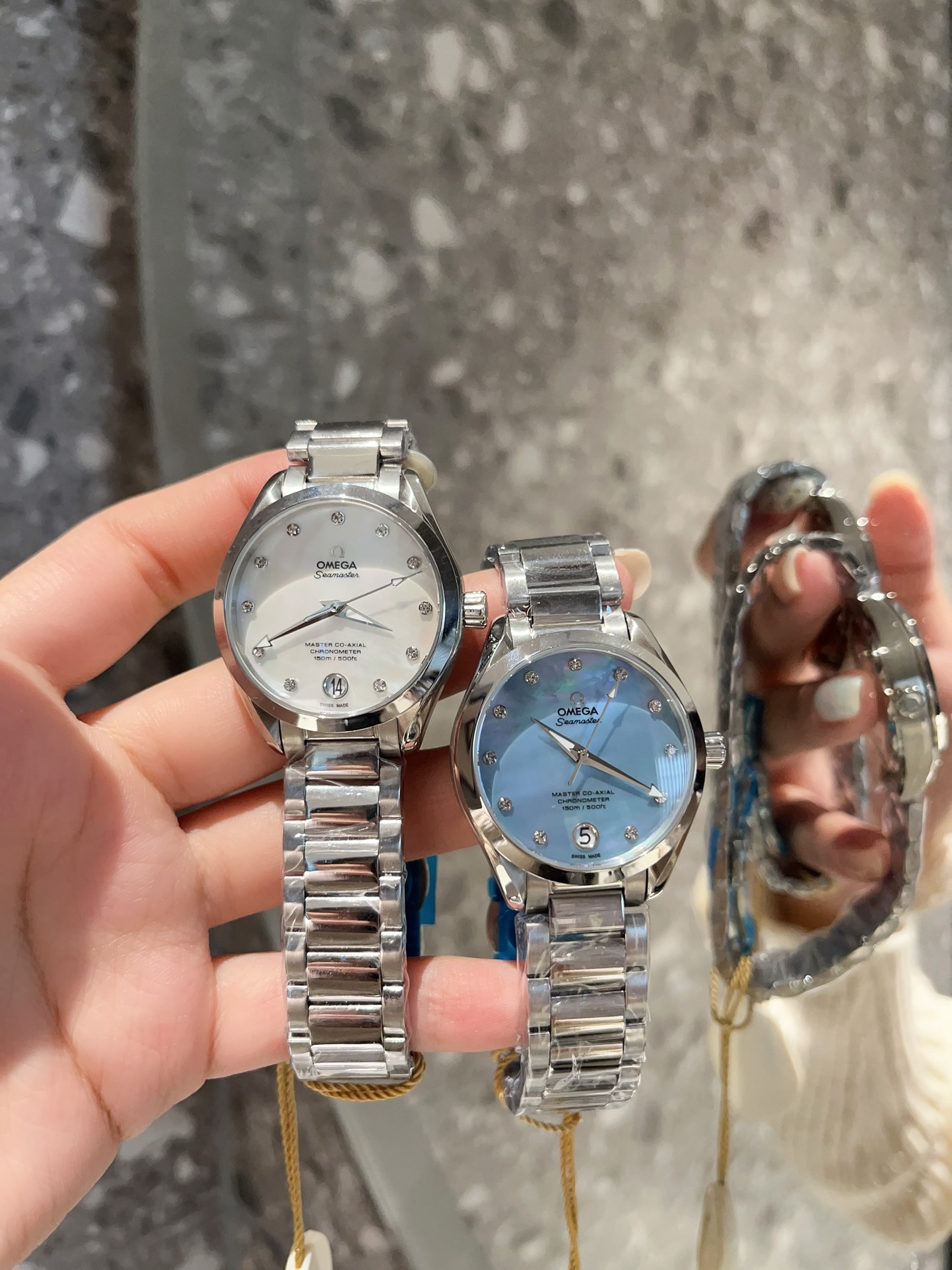 Omega Seamaster Ladies Watch 34mm Quartz MOP Mother Of Pearl Dial Diamond Markers Stainless Steel Women Wristwatch