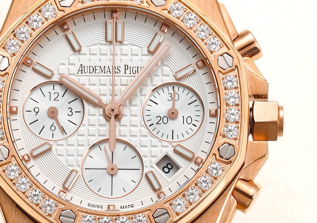 Audemars Piguet Royal Oak 37mm Ladies Automatic Chronograph Watch, Diamond Bezel Rubber Strap