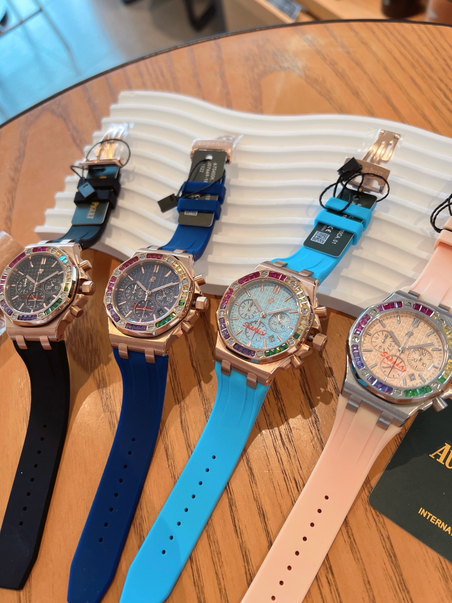 Audemars Piguet Royal Oak Offshore Ladies Watch 37mm, Rainbow Gemstone Bezel Rubber Strap Wristwatch