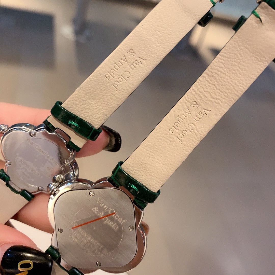 Van Cleef & Arpels Four Leaf Clover Women Watch, Mother Of Pearl Dial Leather Band Fashion Watch