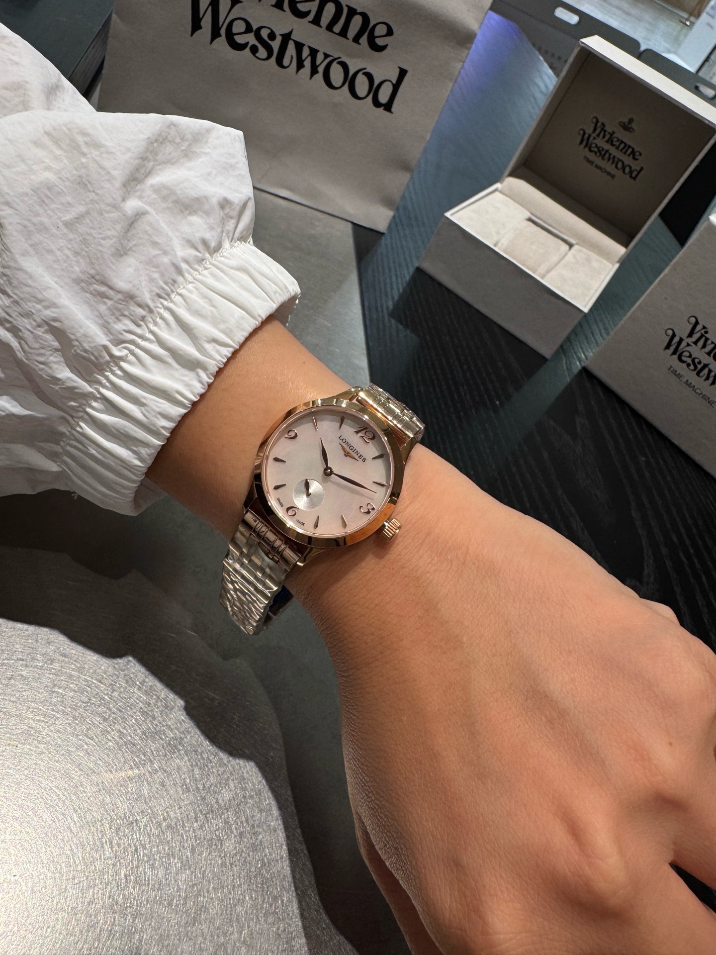 Longines 32mm Women Watch, Crystal Inlaid Dial Sapphire Glass Leather Band Dress Watch
