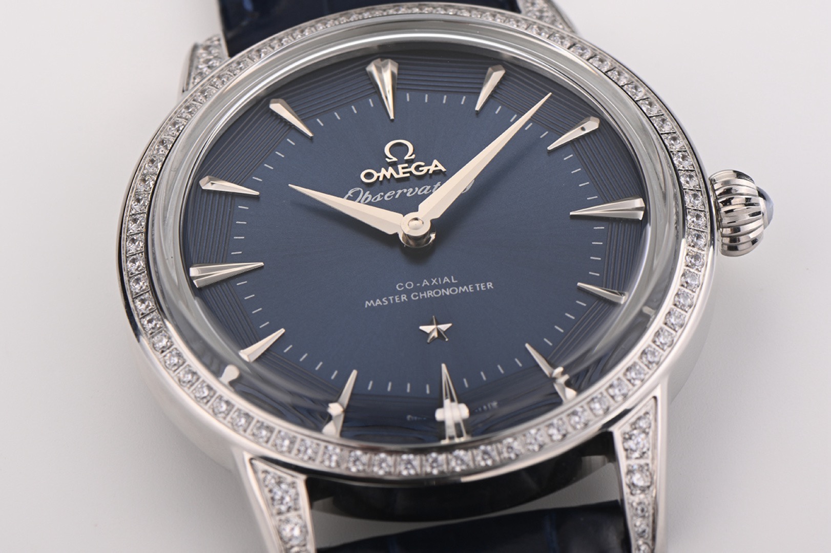 OMEGA Observatory Co‑Axial Master Chronometer Watch | Diamond Bezel, Genuine Leather Strap