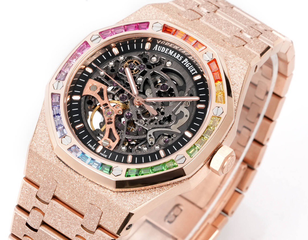 Audemars Piguet Royal Oak Skeleton Frosted Gold Rainbow Bezel AP2 Version