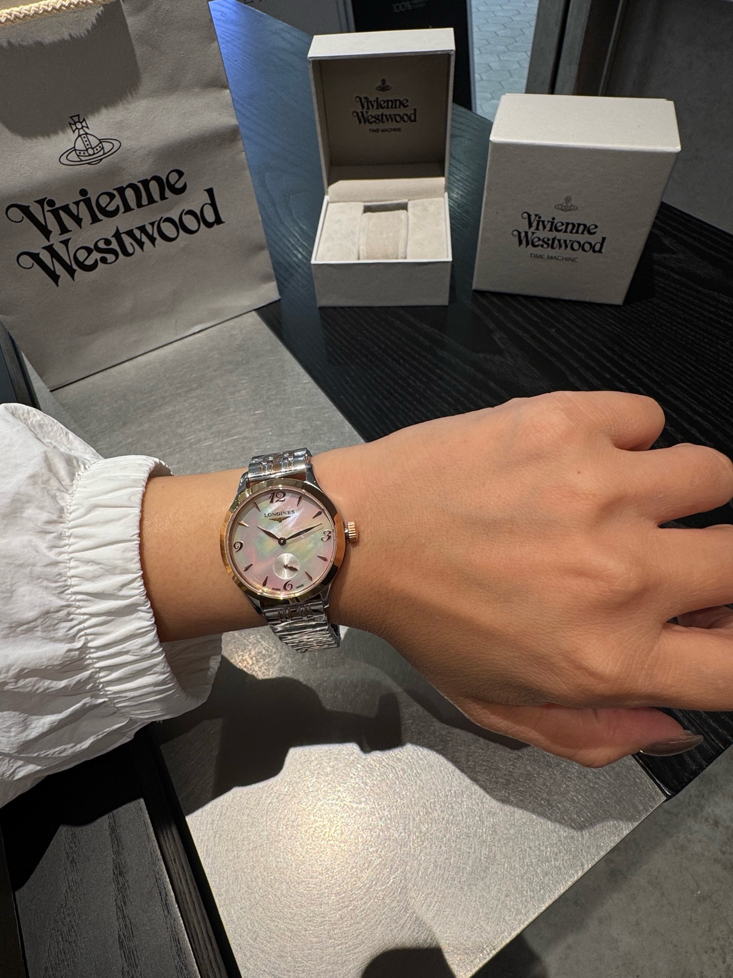 Longines 32mm Women Watch, Crystal Inlaid Dial Sapphire Glass Leather Band Dress Watch
