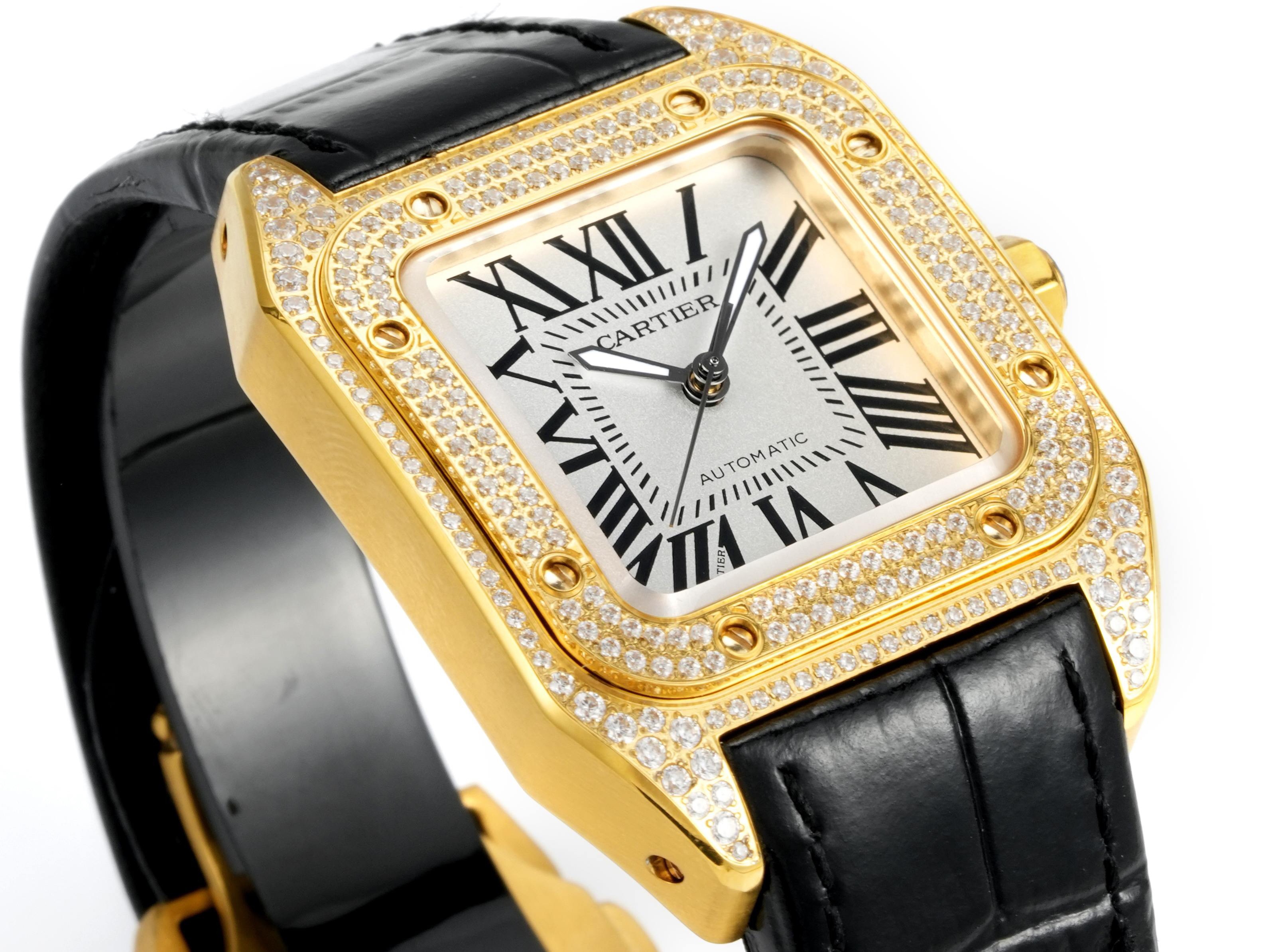 Cartier Santos 100th Anniversary Ladies Watch, Full Paved Diamond Bezel, 35.6mm