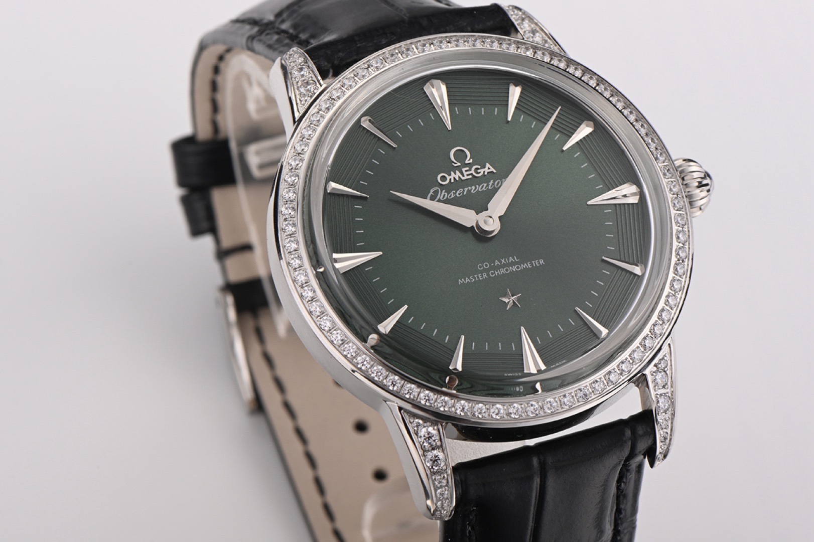 OMEGA Observatory Co‑Axial Master Chronometer Watch | Diamond Bezel, Genuine Leather Strap