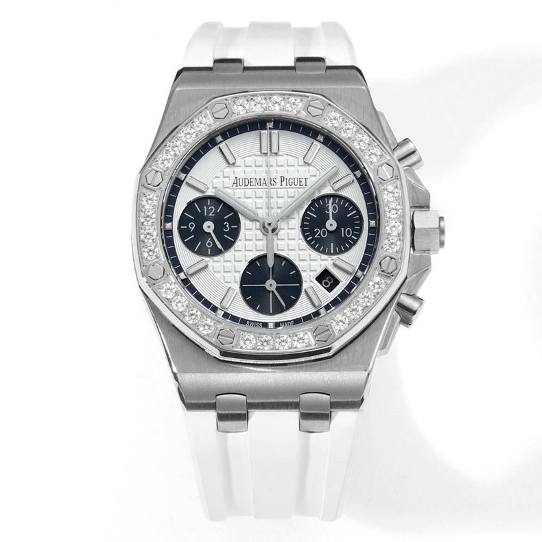 Audemars Piguet Royal Oak 37mm Ladies Automatic Chronograph Watch, Diamond Bezel Rubber Strap
