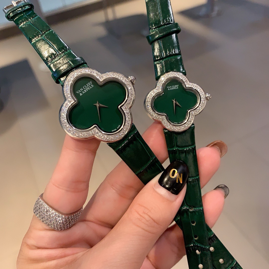 Van Cleef & Arpels Four Leaf Clover Women Watch, Mother Of Pearl Dial Leather Band Fashion Watch