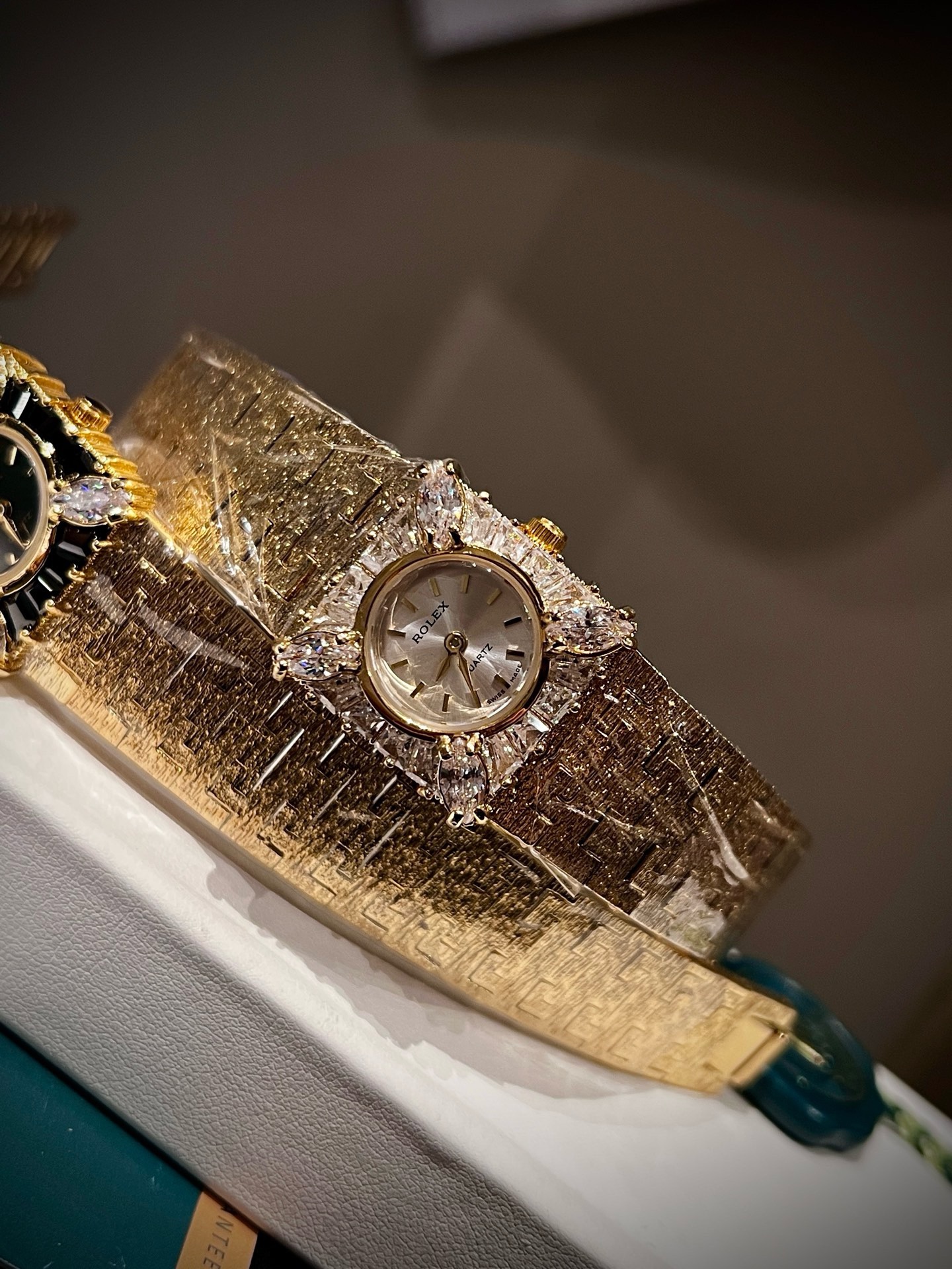 Vintage Rolex Women Watch 22mm, Diamond Setting Textured Gold Bracelet